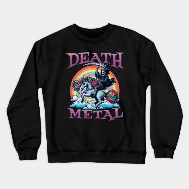 Grim Reaper Riding Unicorn - Funny Rainbow Clouds Death Metal Crewneck Sweatshirt by Lunatic Bear